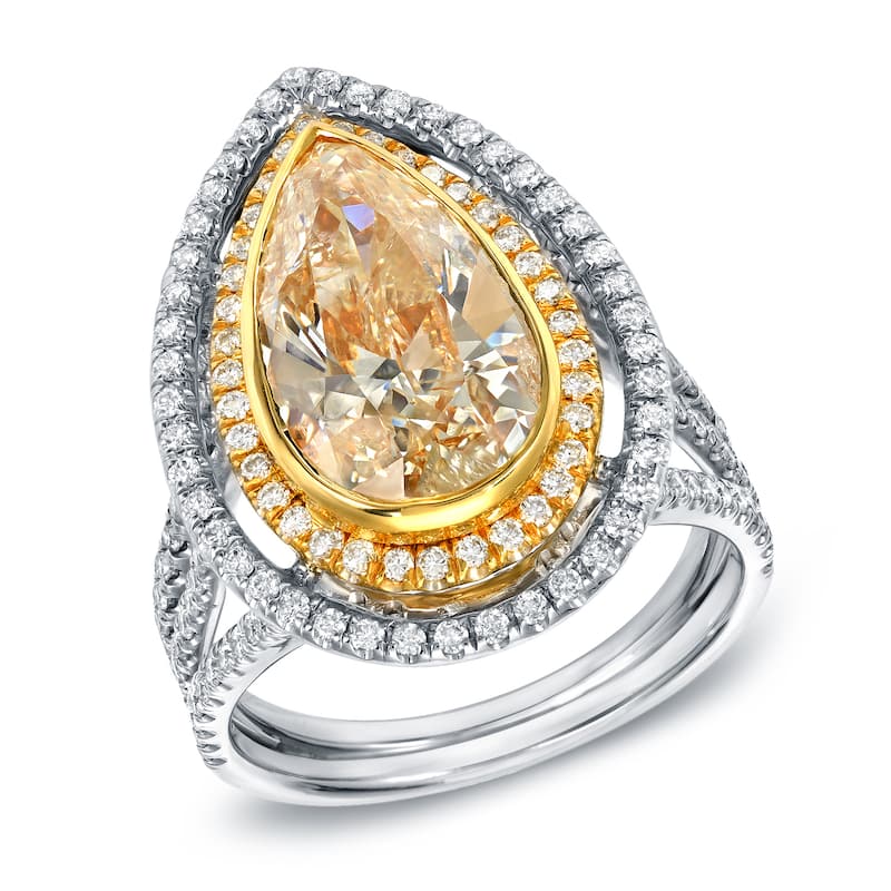 Auriya 14k Gold 4 1/4ct TDW EGL USA Certified Fancy Yellow Diamond Pear Halo Ring (G-H, SI1-SI2)