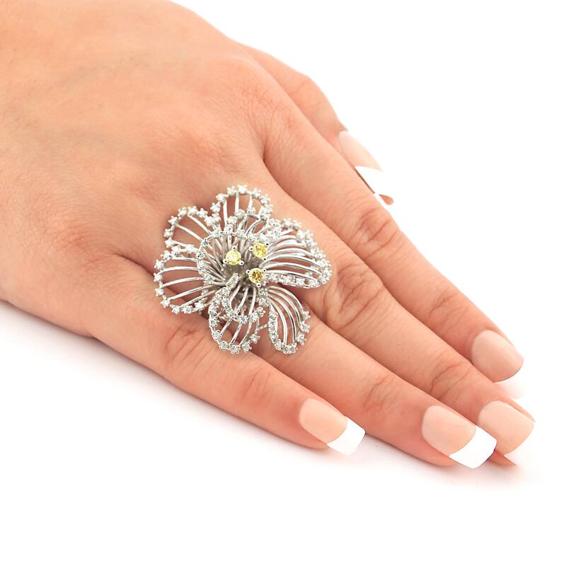 Auriya Flower Shaped 1 1/3ct TDW Yellow and White Diamond Cocktail Ring 14k White Gold
