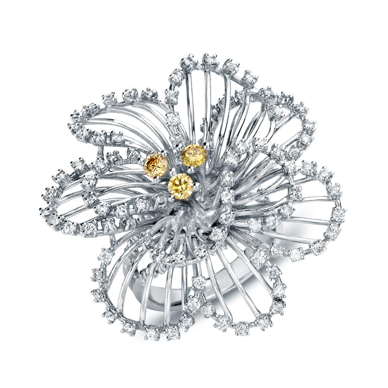 Auriya Flower Shaped 1 1/3ct TDW Yellow and White Diamond Cocktail Ring 14k White Gold - 5