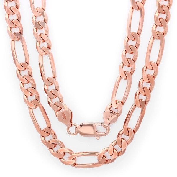 Sterling Silver Rose Gold Plated Italian 7.5mm Diamond-cut Figaro Chain (22-30 Inch) - Pink