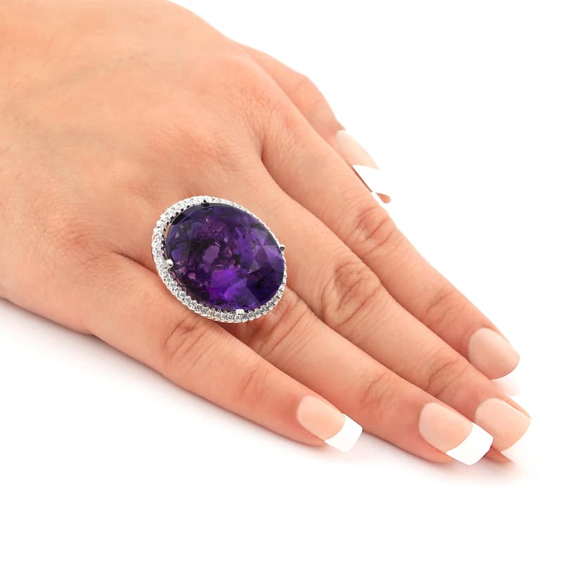 Auriya 14K White Gold 43.5ct Oval Amethyst & 1ct Diamond Cocktail Ring (G-H, SI1-SI2)