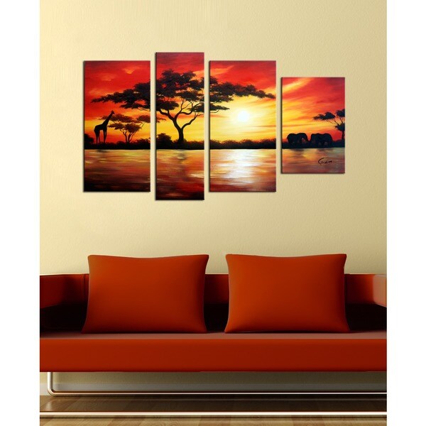 Shop 'African Scenery' 4-piece Gallery-wrapped Hand Painted Canvas Art ...