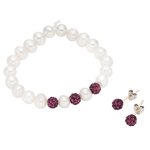 Pearlyta 14k Freshwater Pearl and Crystal Beads Baby Earring and Bracelet Set with Gift Box - Purple