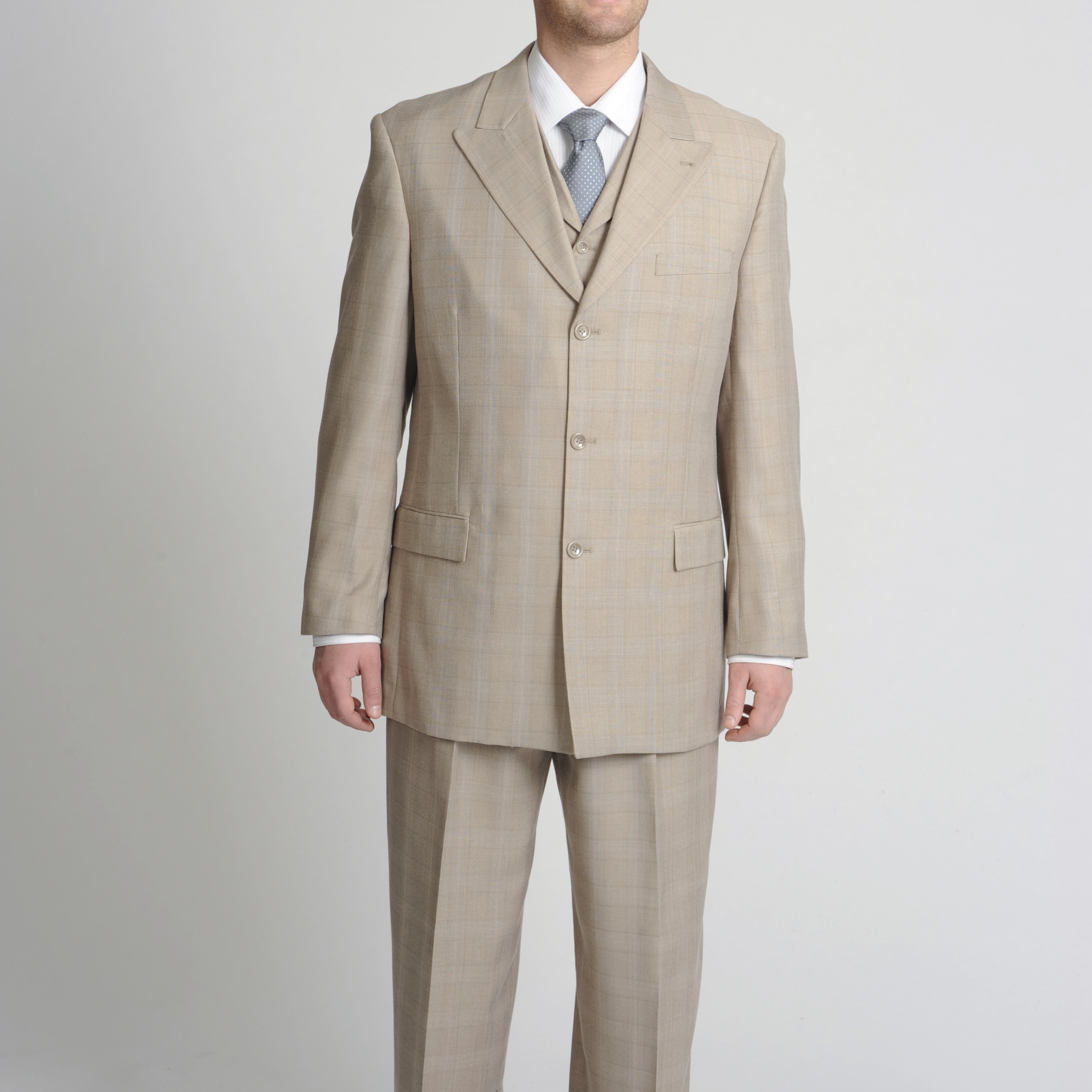 Caravelli Fusion Mens Tan Tonal Plaid Vested Suit