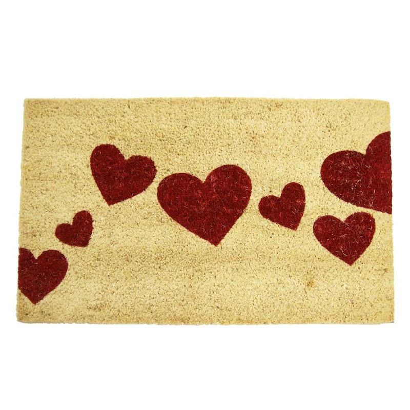 Rubber-Cal "Red Hearts" Coir Entrance Mat, 18 x 30-Inch - White/Red