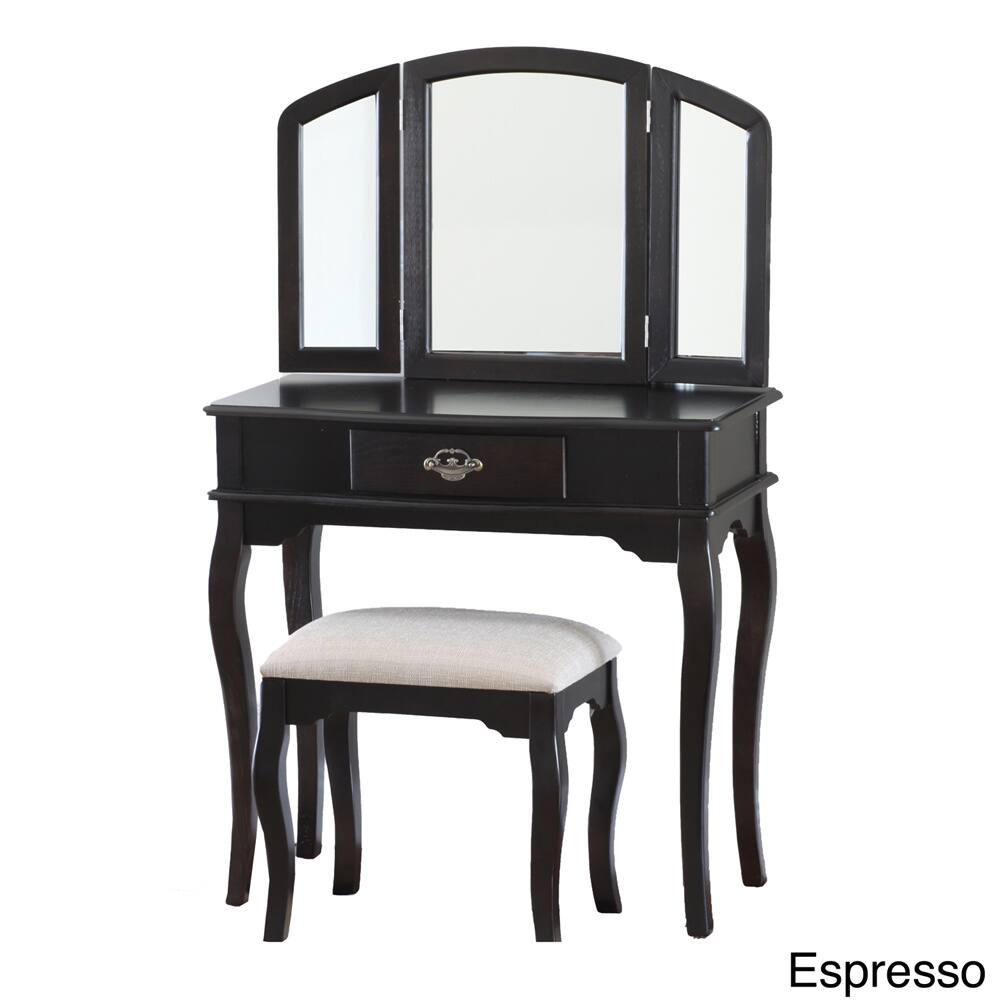 Hardwood 3-piece Mirrored Vanity Set with Stool
