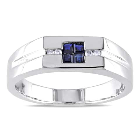 Miadora Men's Sterling Silver Sapphire and White Diamond Accent Ring