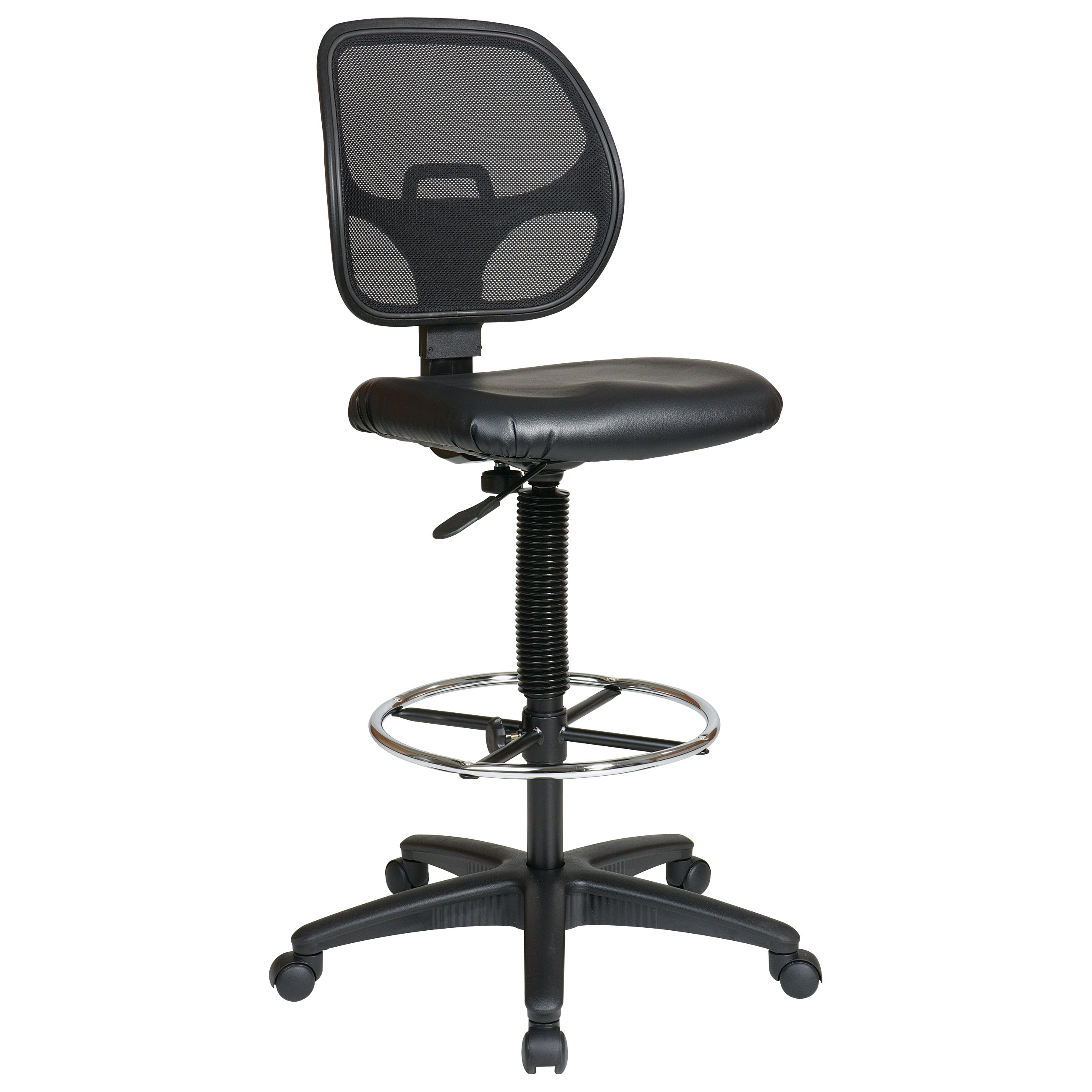 Office Star Products Work Smart Deluxe Drafting Chair (Black Weight capacity 250 pounds Dimensions 50.25 inches high x 26 inches wide x 23 inches deep Seat size 19 inches wide x 18.25 inches deep x 3 inches tall Back size 18 inches wide x 16.75 inches