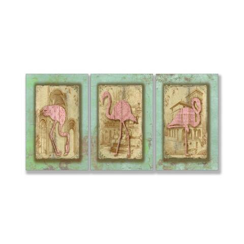Jean Plout 'Vintage Pink Flamingo Trio' 3 Piece Triptych Art