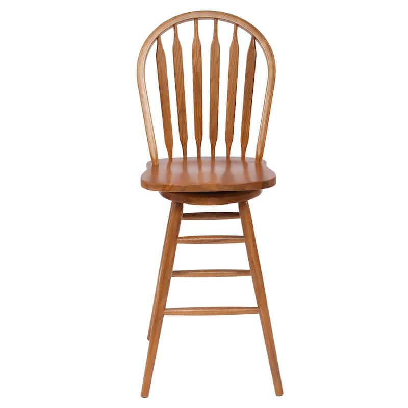 Solid Medium Oak Windsor Back Swivel Bar Height Bar Stool