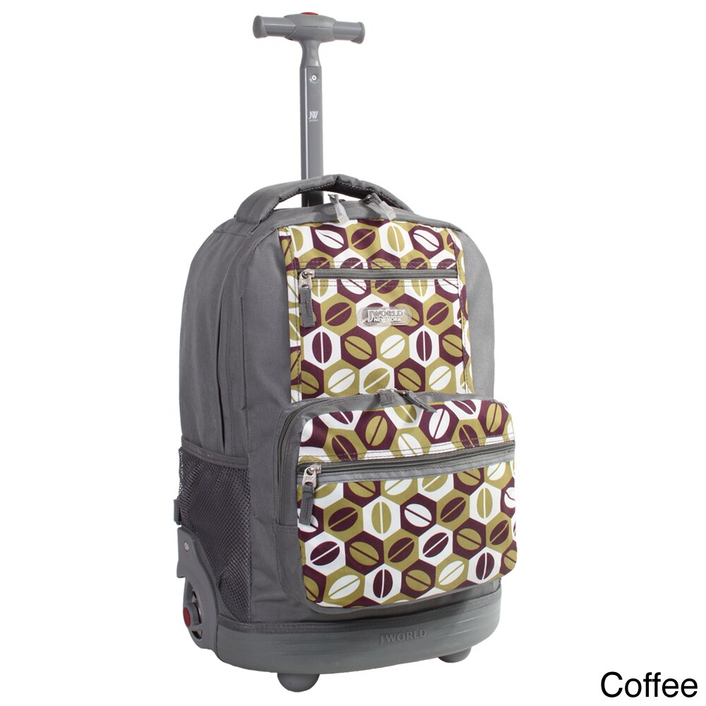 J World Sunset 18 inch Rolling Backpack (Coffee, love purpleDimensions 18 inches high x 12.8 inches wide x 8 inches deepWeight 5 poundsHandle One (1) top handle, telescoping wandWheeled YesStrap measurements 30 inches to 50 inches long )