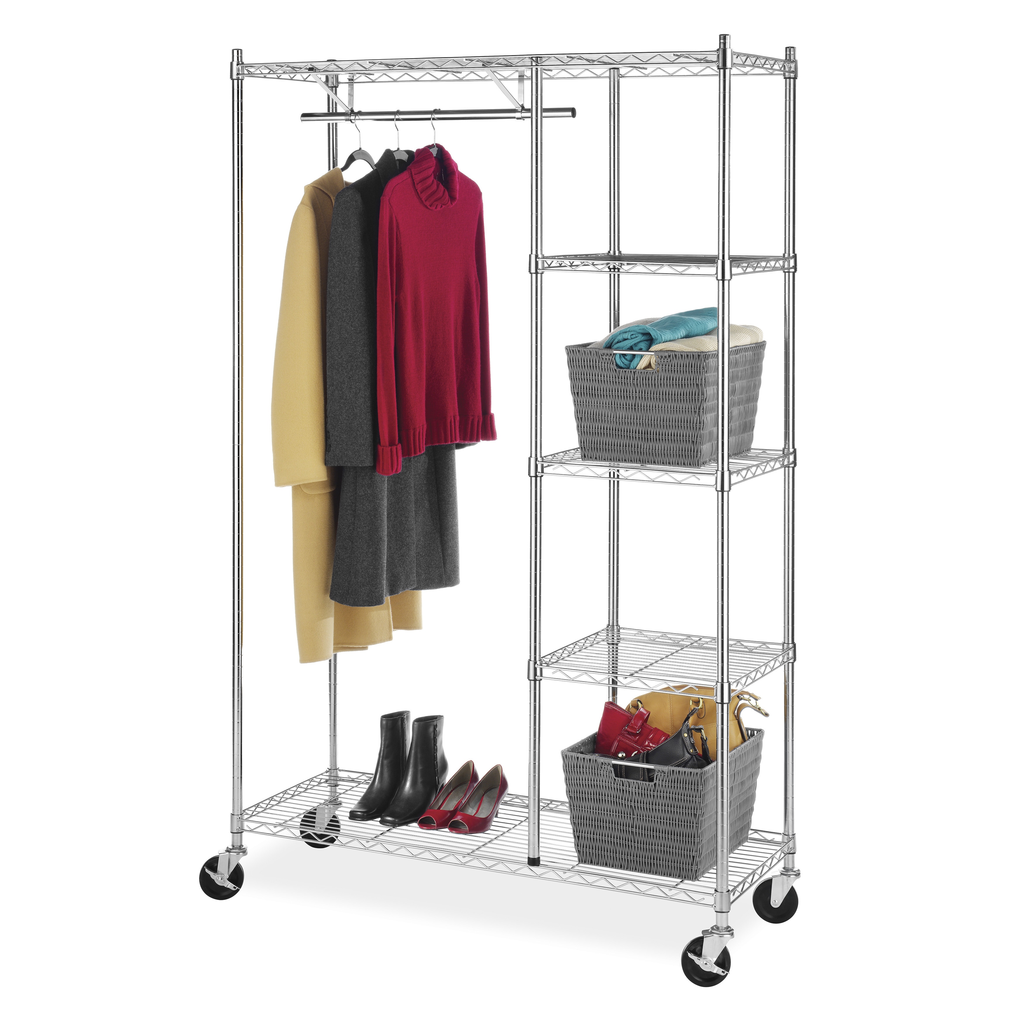 Whitmor Chrome 4 shelf Rolling Garment Rack (ChromeMaterials Chrome steelQuantity One (1)Dimensions 77 inches high x 49.90 inches wide x 19.75 inches deepDurable chromed steel constructionTwo of the four heavy duty wheels feature a locking optionAssemb