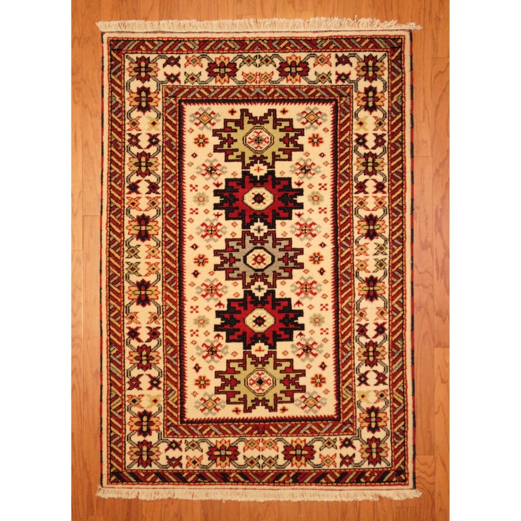 Indo Hand knotted Kazak Ivory/ Rust Wool Rug (4' x 6') 3x5   4x6 Rugs