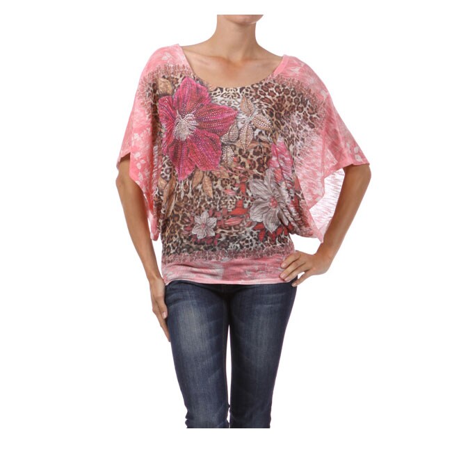 Shop Tabeez Women's Pink Floral Print Top with Rhinestones - Free ...