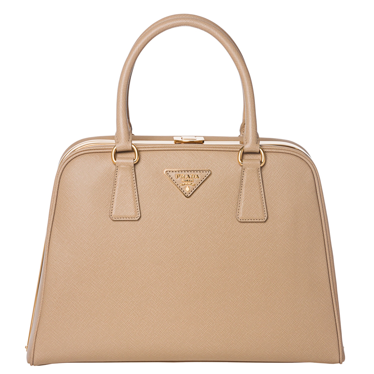 Prada Tan Saffiano Leather Pyramid Frame Bowler Bag