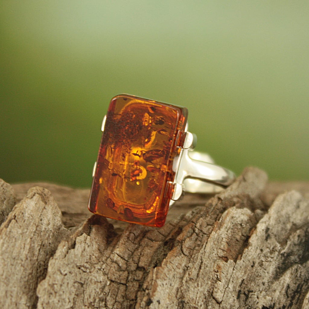 Sterling Silver Freeform Cognac Baltic Amber Ring (Lithuania