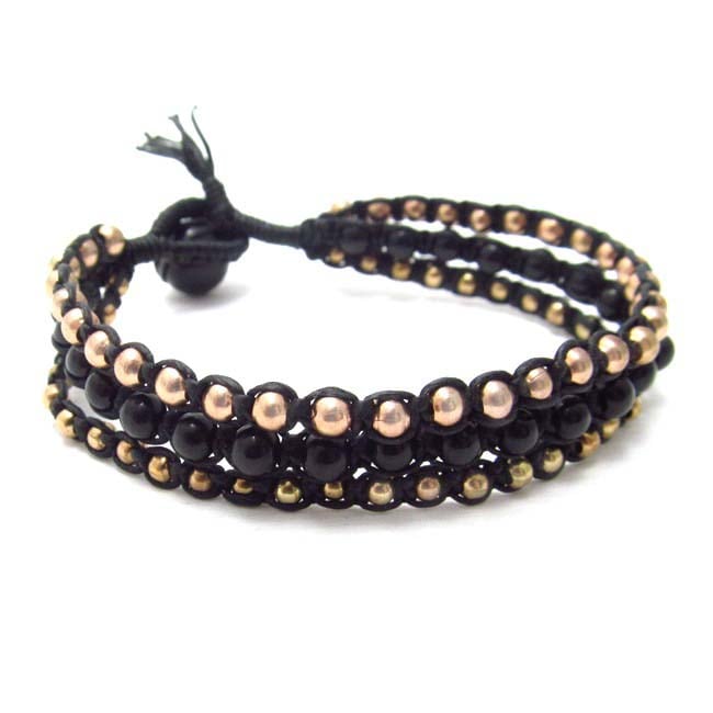 Chic Medley Onyx/ Brass Beaded Three Strand Bracelet (Thailand