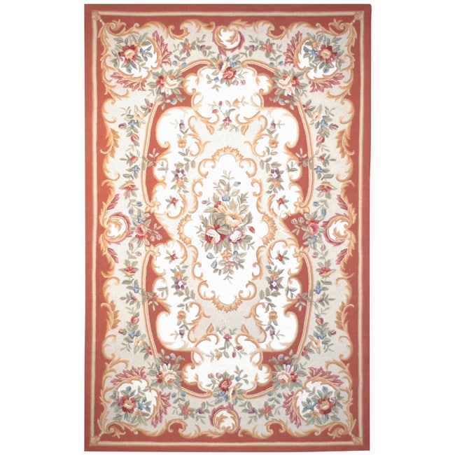 Hand hooked Aubusson Ivory/ Rose Wool Rug (89 x 119)