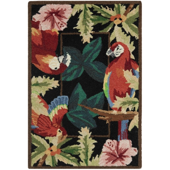 Hand hooked Parrots Black Wool Rug (18 X 26)