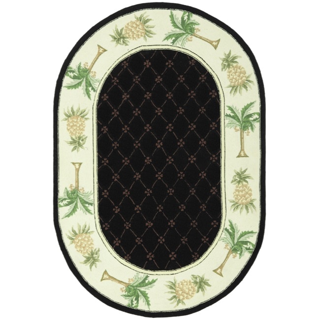 Hand hooked Pineapples Black Wool Rug (46 X 66 Oval)