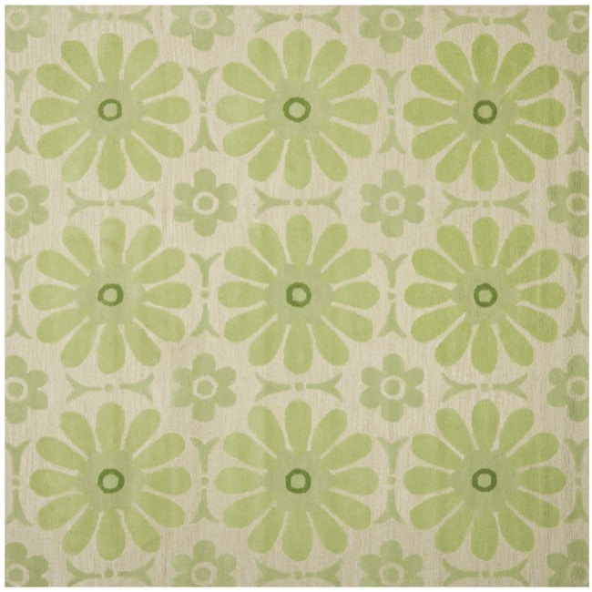 Handmade Childrens Daisies Green New Zealand Wool Rug (7 Square)