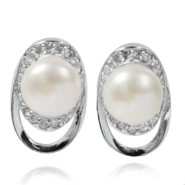 De Buman Sterling Silver Freshwater Pearl and Cubic Zirconia Earrings