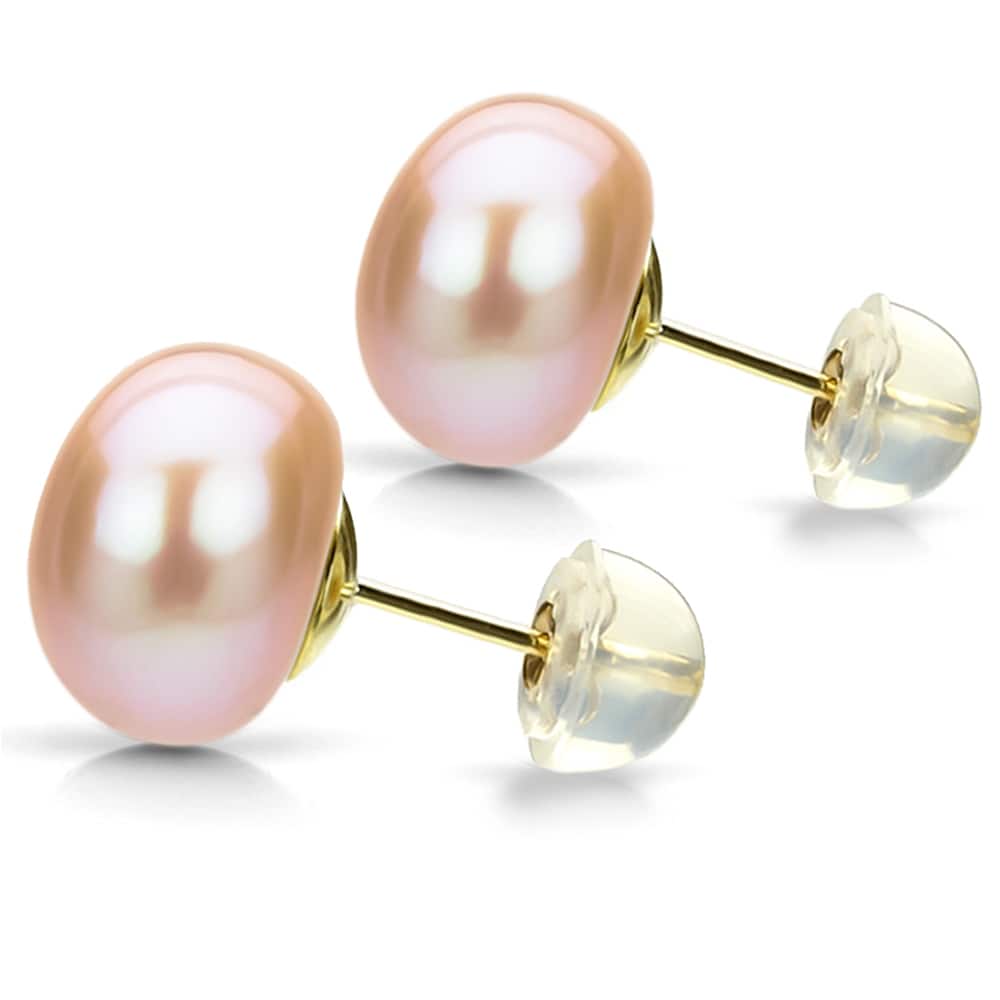 12-12.5mm White Button Shape Freshwater Cultured Double Pearl Stud Earrings 14k Yellow Gold 8-8.5mm