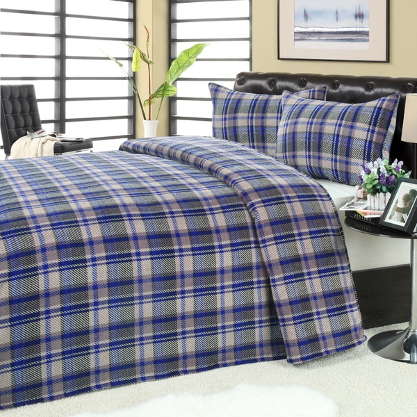 Blue/ Grey Plaid Microplush Blanket 2-piece Sham Set
