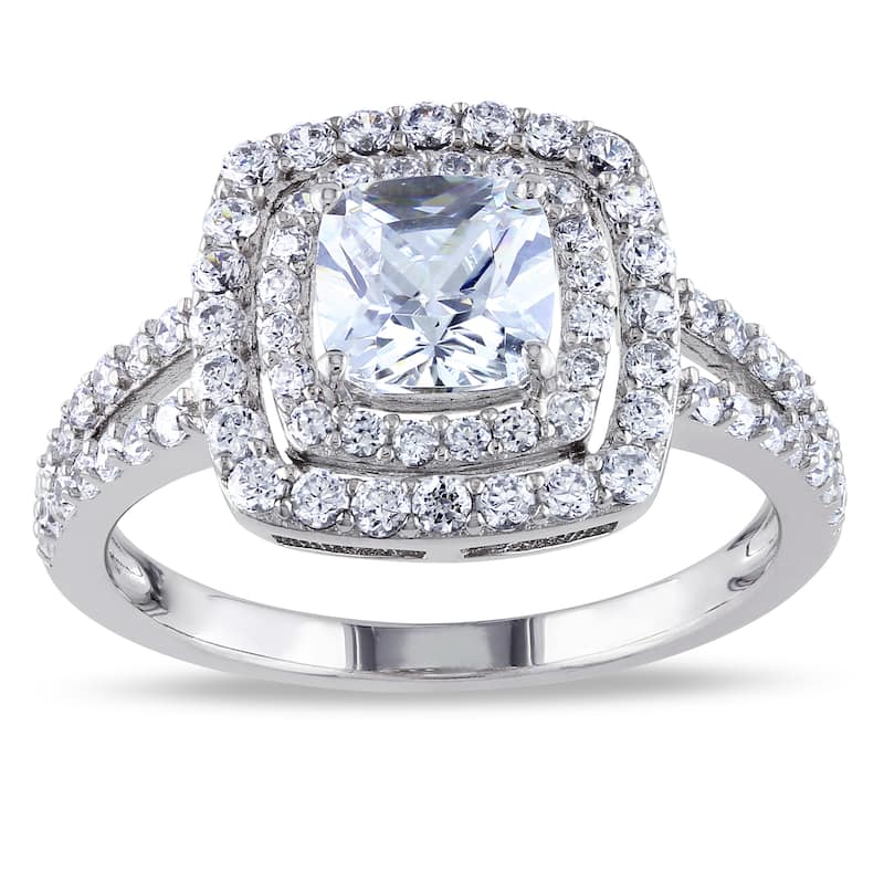 Miadora Sterling Silver 3ct TGW Cushion-cut Cubic Zirconia Split Shank Double Halo Engagement Ring - 5