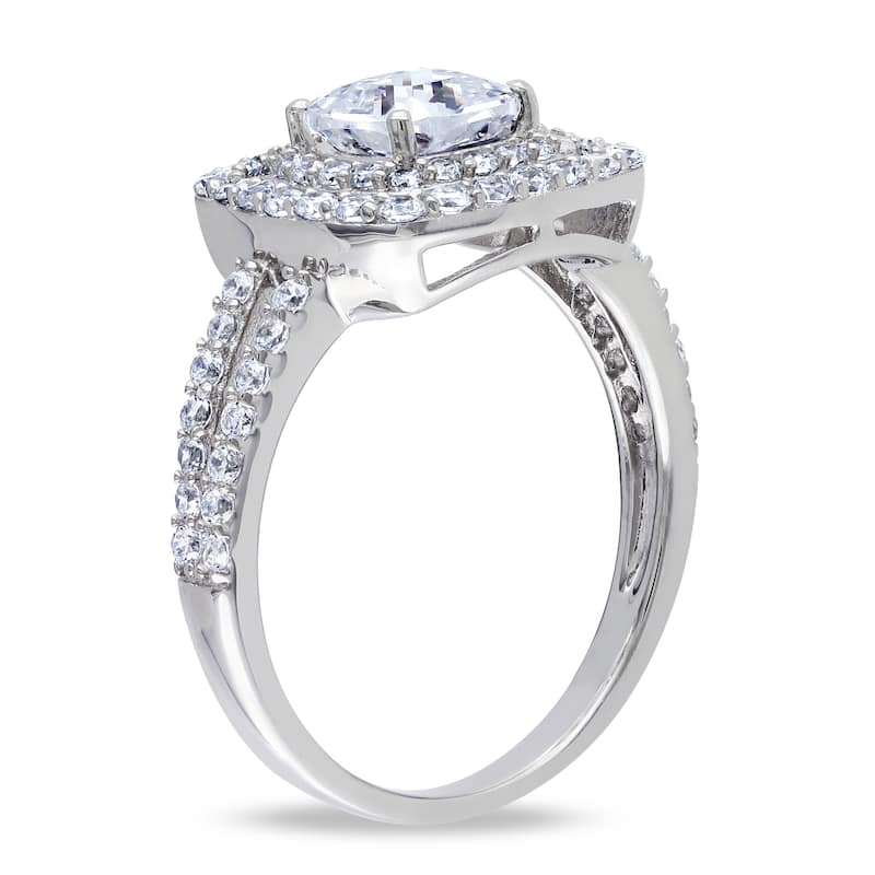 Miadora Sterling Silver 3ct TGW Cushion-cut Cubic Zirconia Split Shank Double Halo Engagement Ring