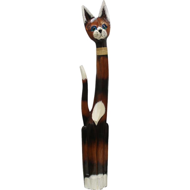 Wood Cat with Rattan Bow Tie Sculpture (Indonesia)