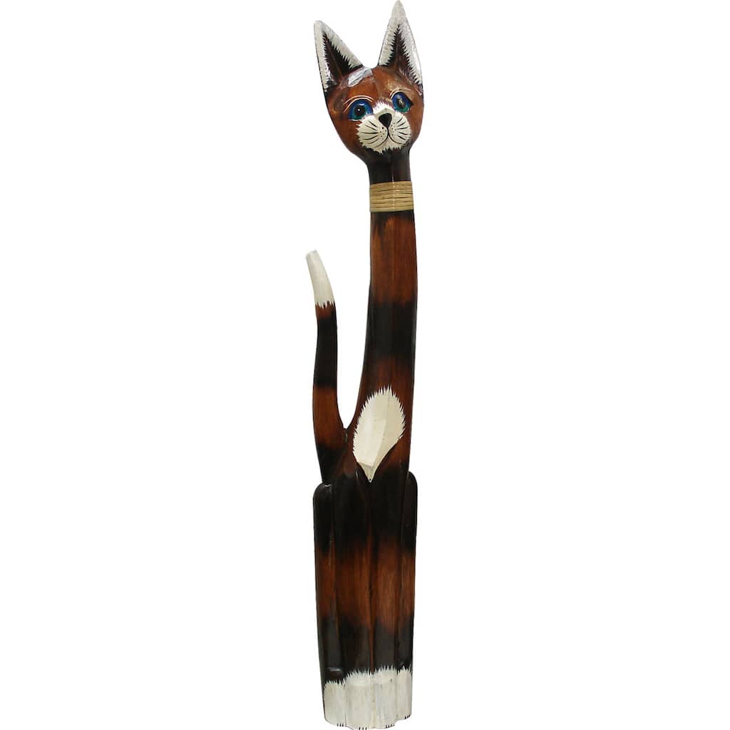 Wood Cat with Rattan Bow Tie Sculpture (Indonesia)