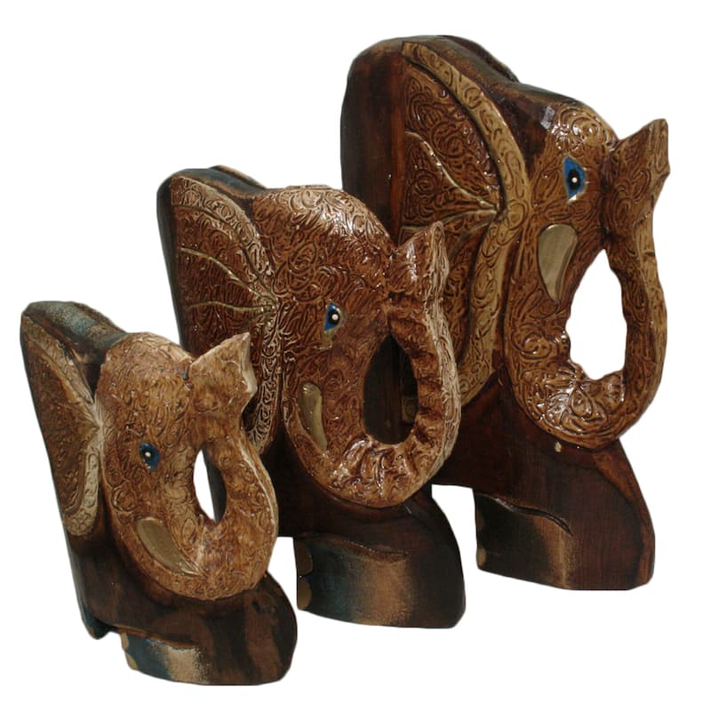 Handmade Set of 3 Curved Textured Elephant Statues (Indonesia)