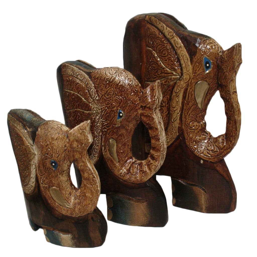 Handmade Set of 3 Curved Textured Elephant Statues (Indonesia)
