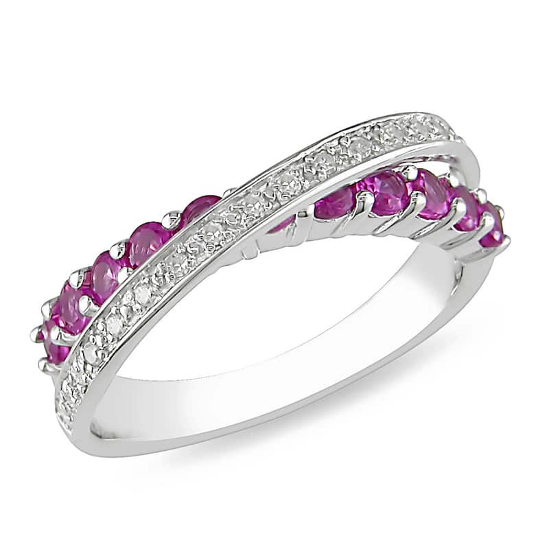 Miadora Sterling Silver Blue Sapphire and 1/10ct TDW Diamond Crossover Ring