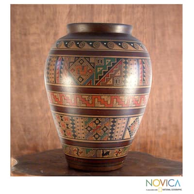 Handcrafted Ceramic 'Water Cult' Aged Cuzco Vase (Peru)