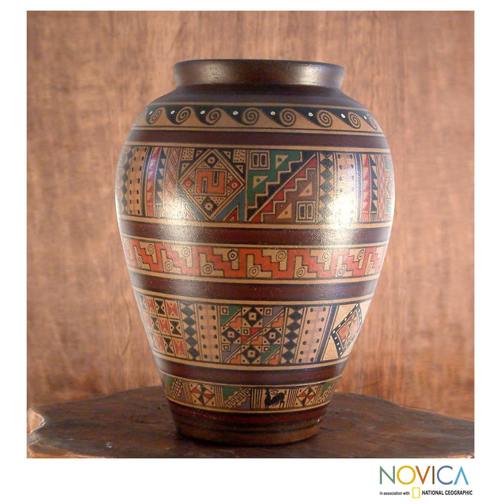 Handcrafted Ceramic 'Water Cult' Aged Cuzco Vase (Peru)