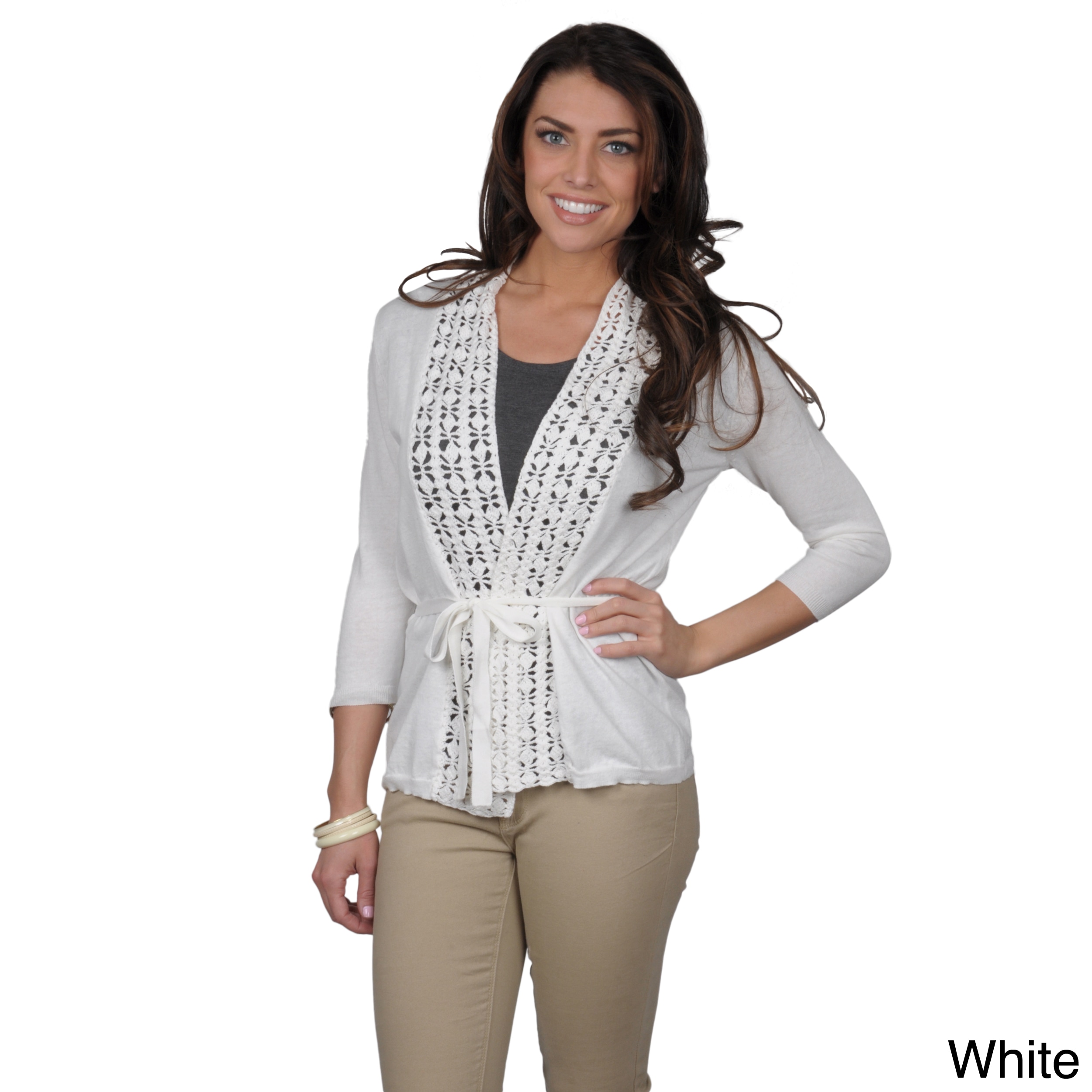 Erin London Womens Belted Open Front Crochet Trim Cardigan