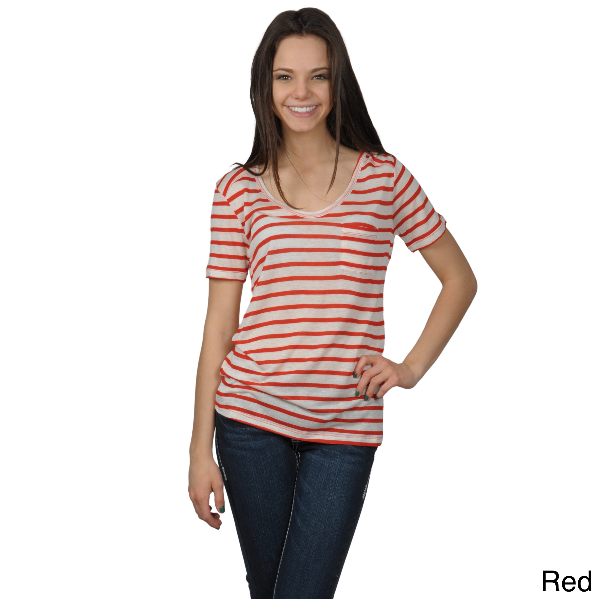 Journee Collection Journee Collection Juniors Striped Scoop Neck Tee Red Size S (1  3)