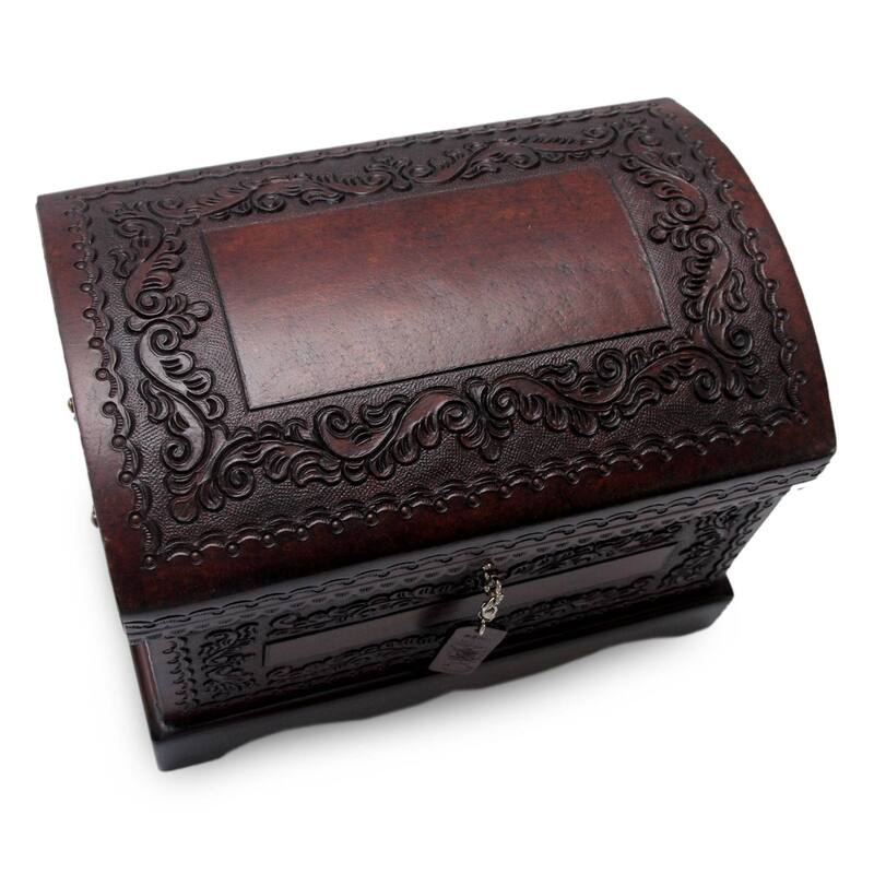 NOVICA Handmade Colonial Treasure Chest with Bronze Lock Key and Handles Hand Tooled Leather and Mohena Wood Artisan Jewelry Box