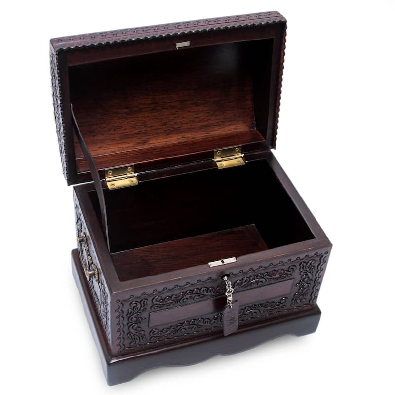 NOVICA Handmade Colonial Treasure Chest with Bronze Lock Key and Handles Hand Tooled Leather and Mohena Wood Artisan Jewelry Box