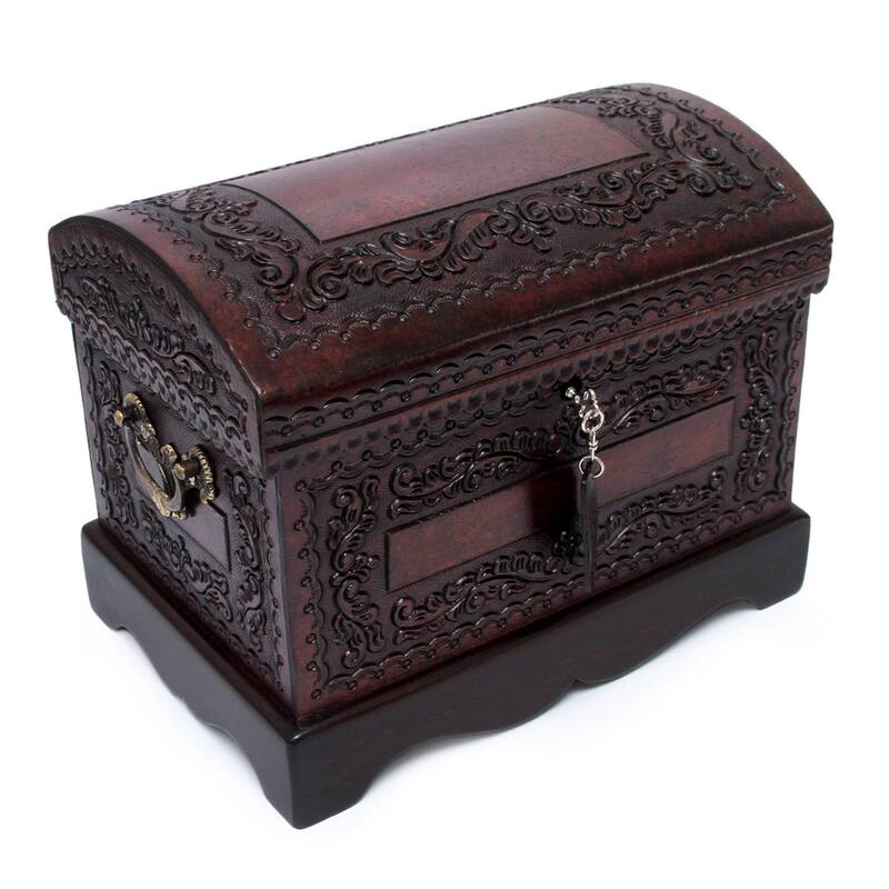 NOVICA Handmade Colonial Treasure Chest with Bronze Lock Key and Handles Hand Tooled Leather and Mohena Wood Artisan Jewelry Box - Brown