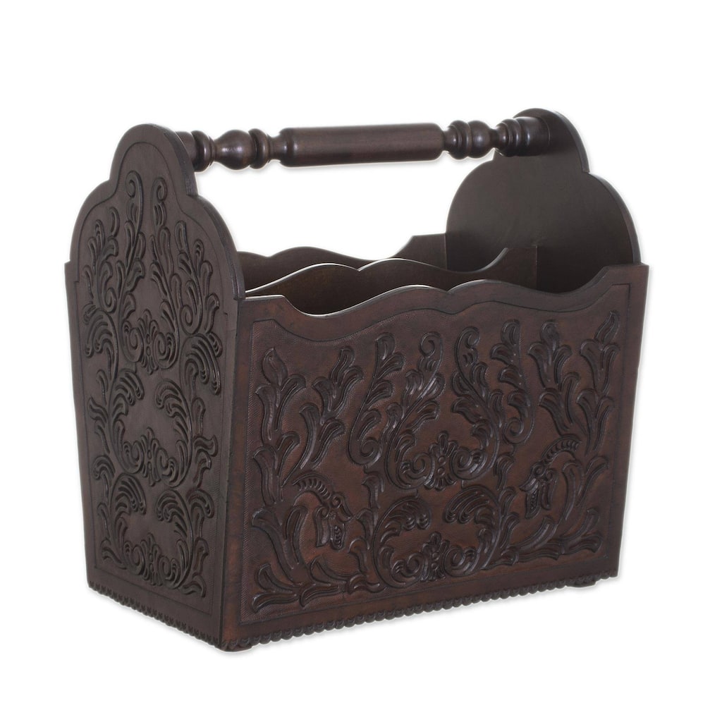NOVICA Mohena Wood and Leather Colonial Splendor Magazine Rack Handmade in (Peru)