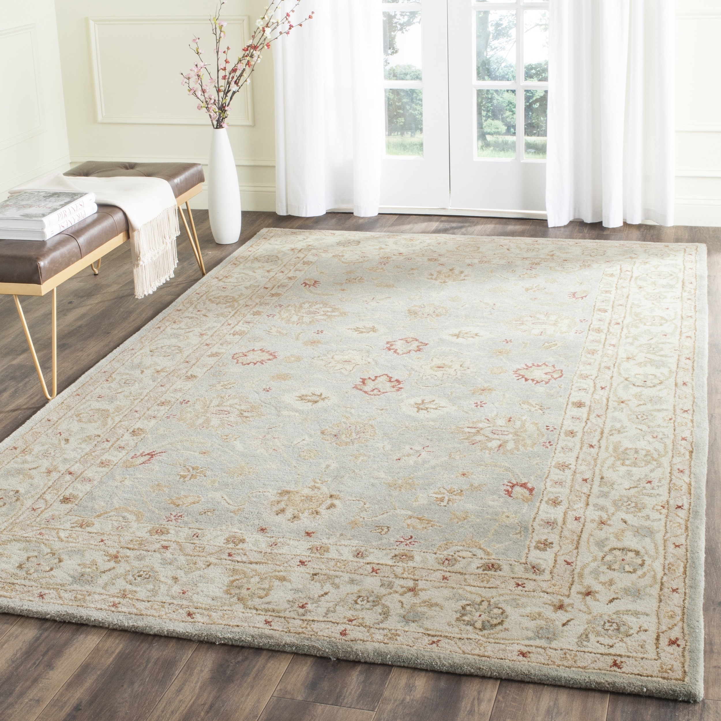 Handmade Majesty Blue grey/ Beige Wool Rug (96 X 136)