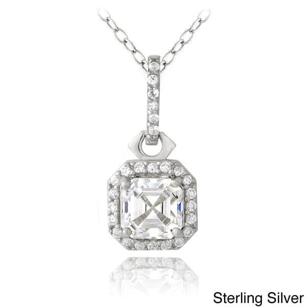 Icz Stonez Sterling Silver Asscher cut Cubic Zirconia Square Halo Necklace ICZ Stonez Cubic Zirconia Necklaces