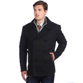 Shop Ramonti Men's Black Wool-blend Double Breasted Pea Coat - Free ...