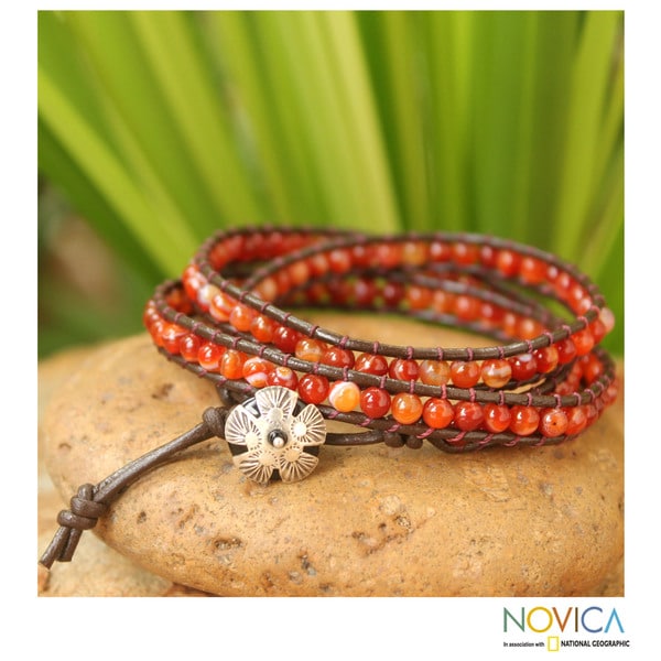 Silver Leather 'Forest Flower' Carnelian Bracelet (Thailand) Novica Bracelets