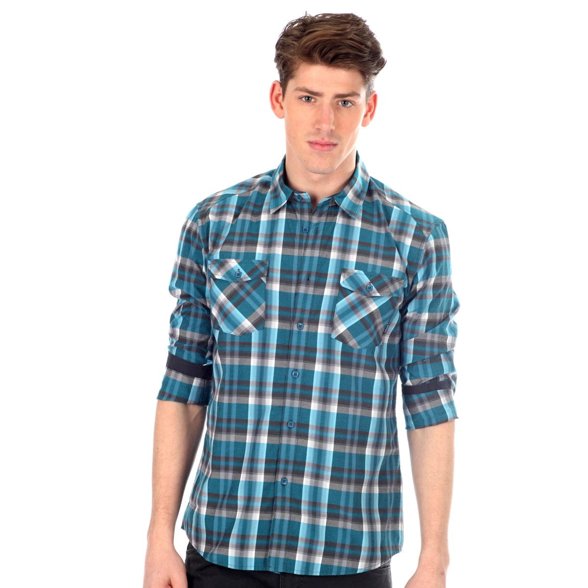 191 Unlimited Mens Slim fit Blue Plaid Woven Long sleeve Shirt