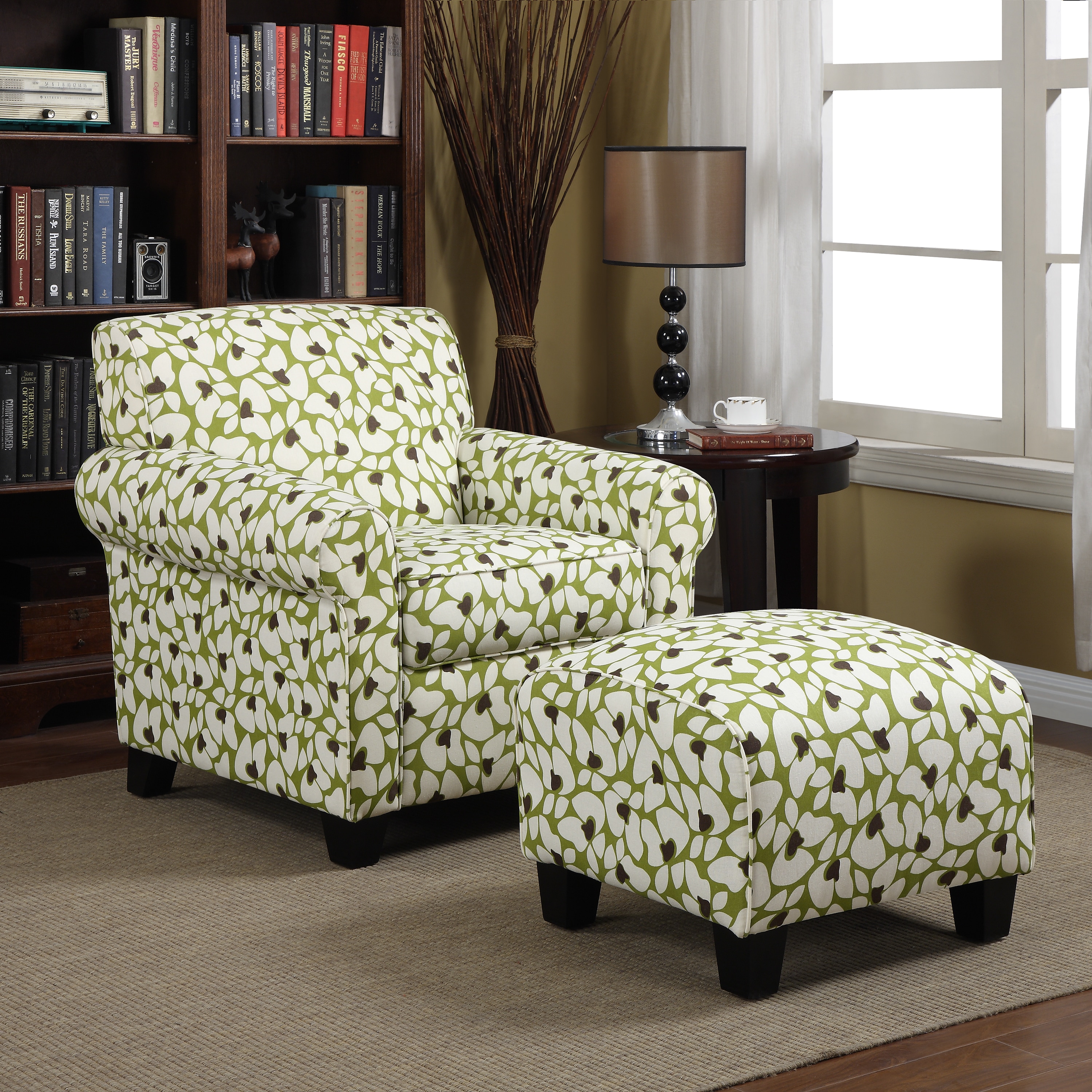 Portfolio Mira Apple Green Modern Floral Arm Chair And Ottoman