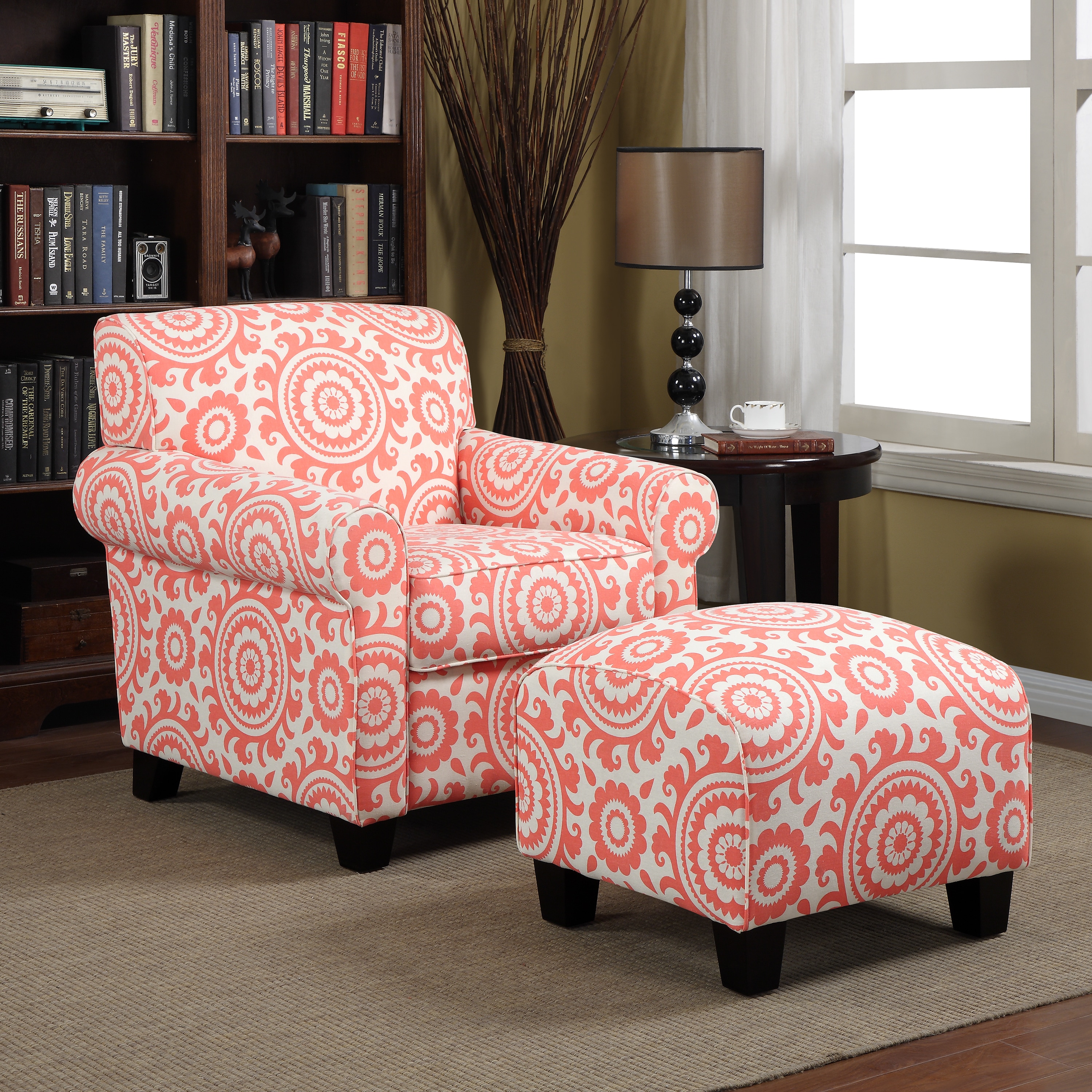 Portfolio Mira Orange Coral Medallion Arm Chair And Ottoman